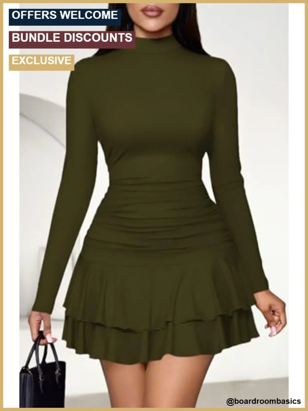 Women's Y2K Ruffle Layered Bodycon Mini Dress Long Sleeve Mock Neck Ruched